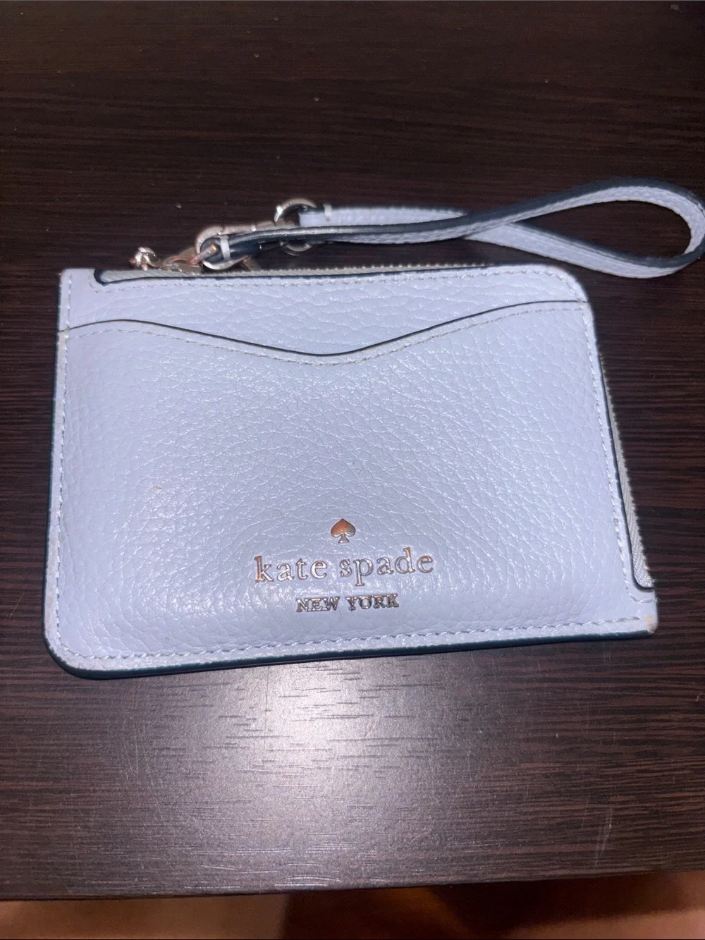 kate spade Light Blue Leather Wristlet Card Case with Gold Logo